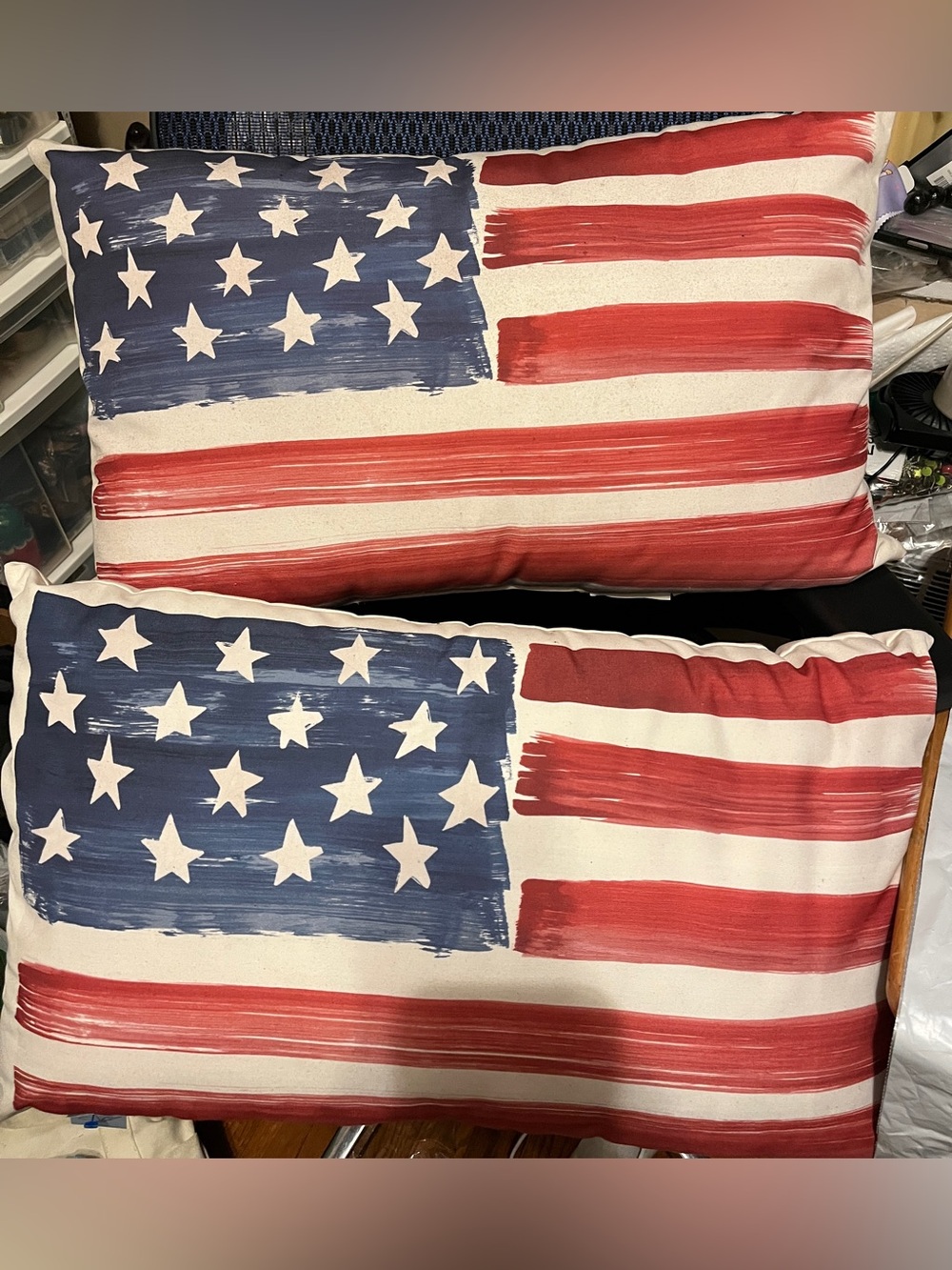 Pottery Barn Set of 2 American Flag Lumbar Pillows 24x14 Discontinued Patriotic